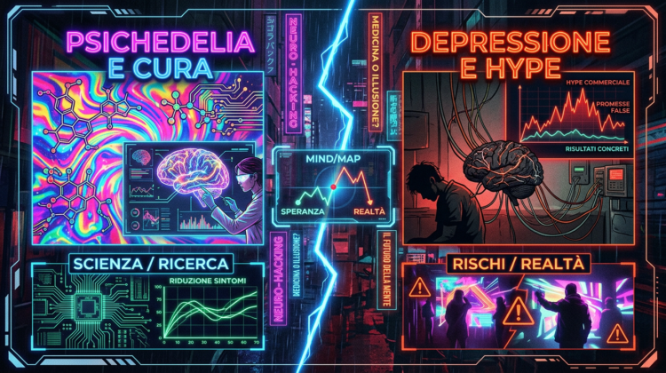 Infographic comparing psychedelic therapy science and depression hype with related brain images and graphs